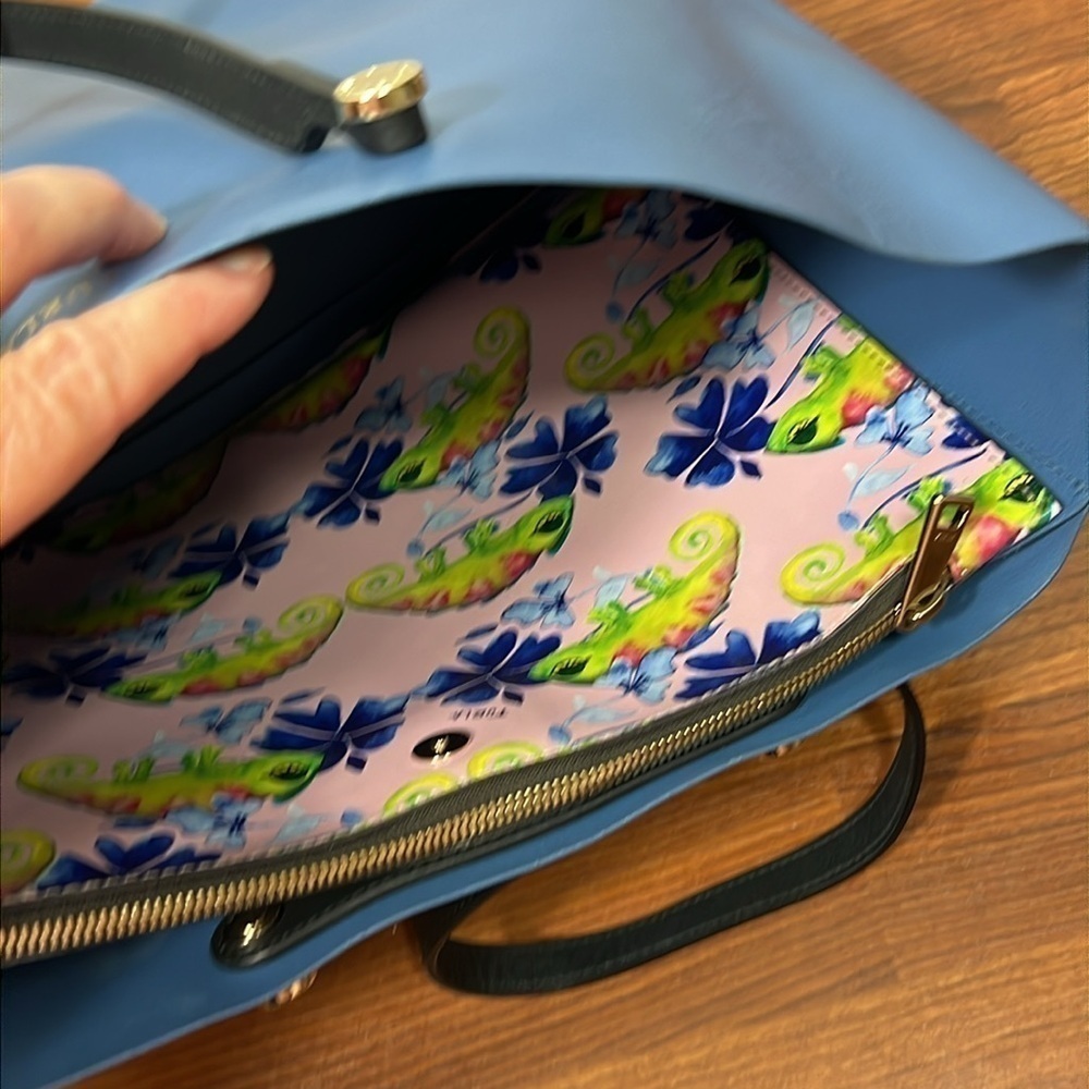 Furla Eden Tote Blue Leather with Interior Clutch Chameleon Print - Picture 6 of 16
